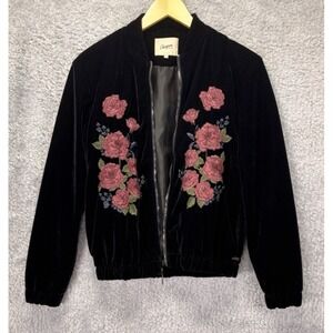 Chevignon Womens S Black Velvet Jacket Floral Embroidered Full Zip *Never worn*